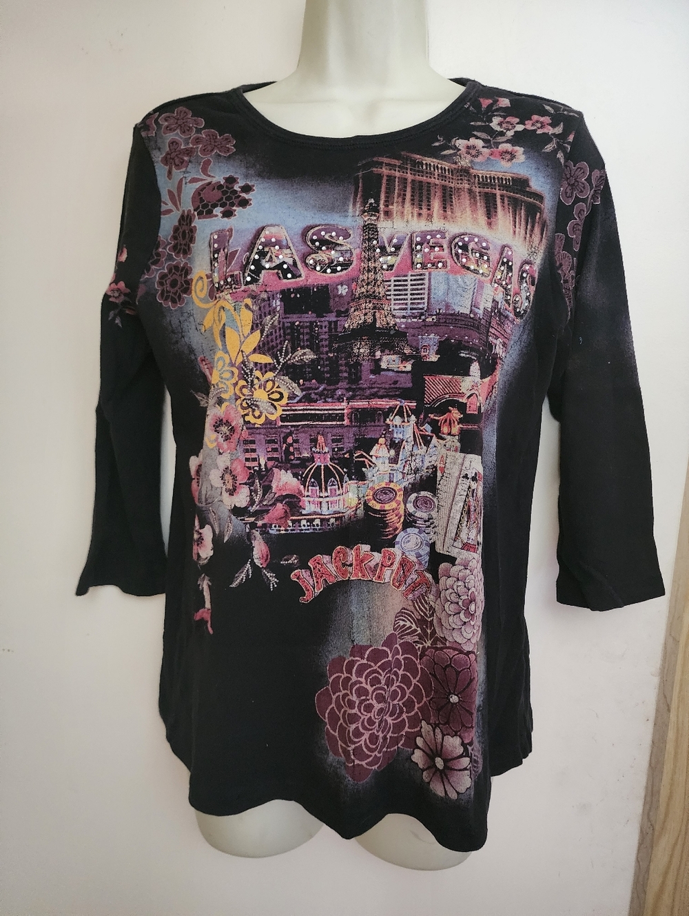 Christopher & Banks Black Jeweled Lettering Las Vegas M T Shirt